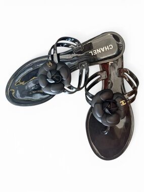 CHANEL Black Camellia Jelly Thong Sandals with Gold CC Accent